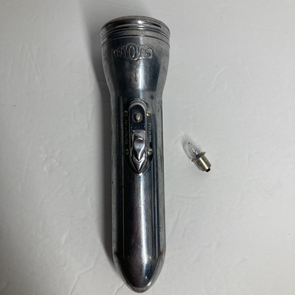 Vintage Rayovac Flash Light Silver Bullet Torpedo Style 8 in w/ extra Bulb FLAWS